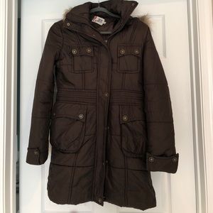 Brown winter coat with detachable faux fur hood